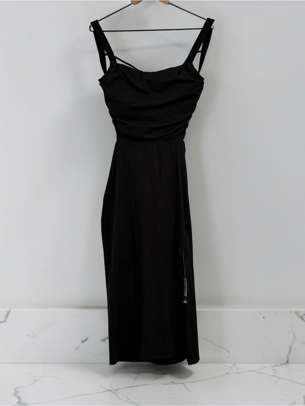 HALARA Women’s Black  Ruched Lace Up Back Midi Dress W/Side Slit Sz Large NWT